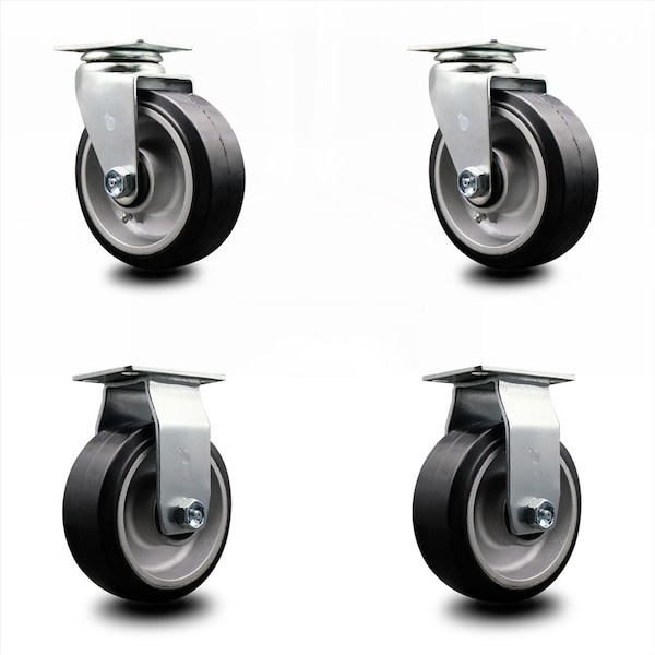 5 Inch Rubber on Aluminum Caster Set with Roller Bearings 2 Swivel 2 Rigid